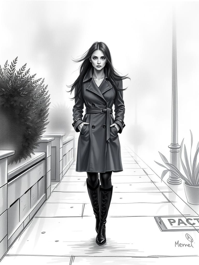 Mysterious Woman in Foggy City: Pencil Sketch Style