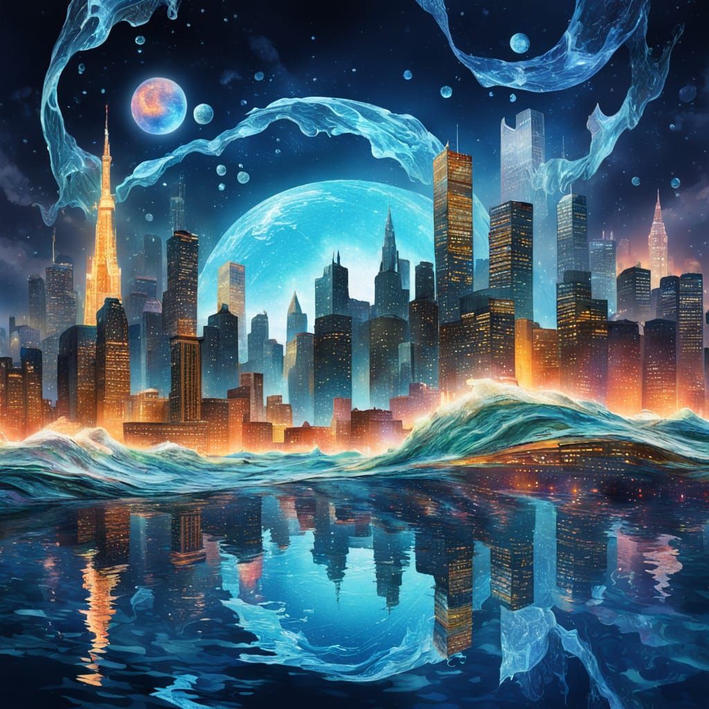 Ethereal Cityscape Emerging from Cosmic Waves