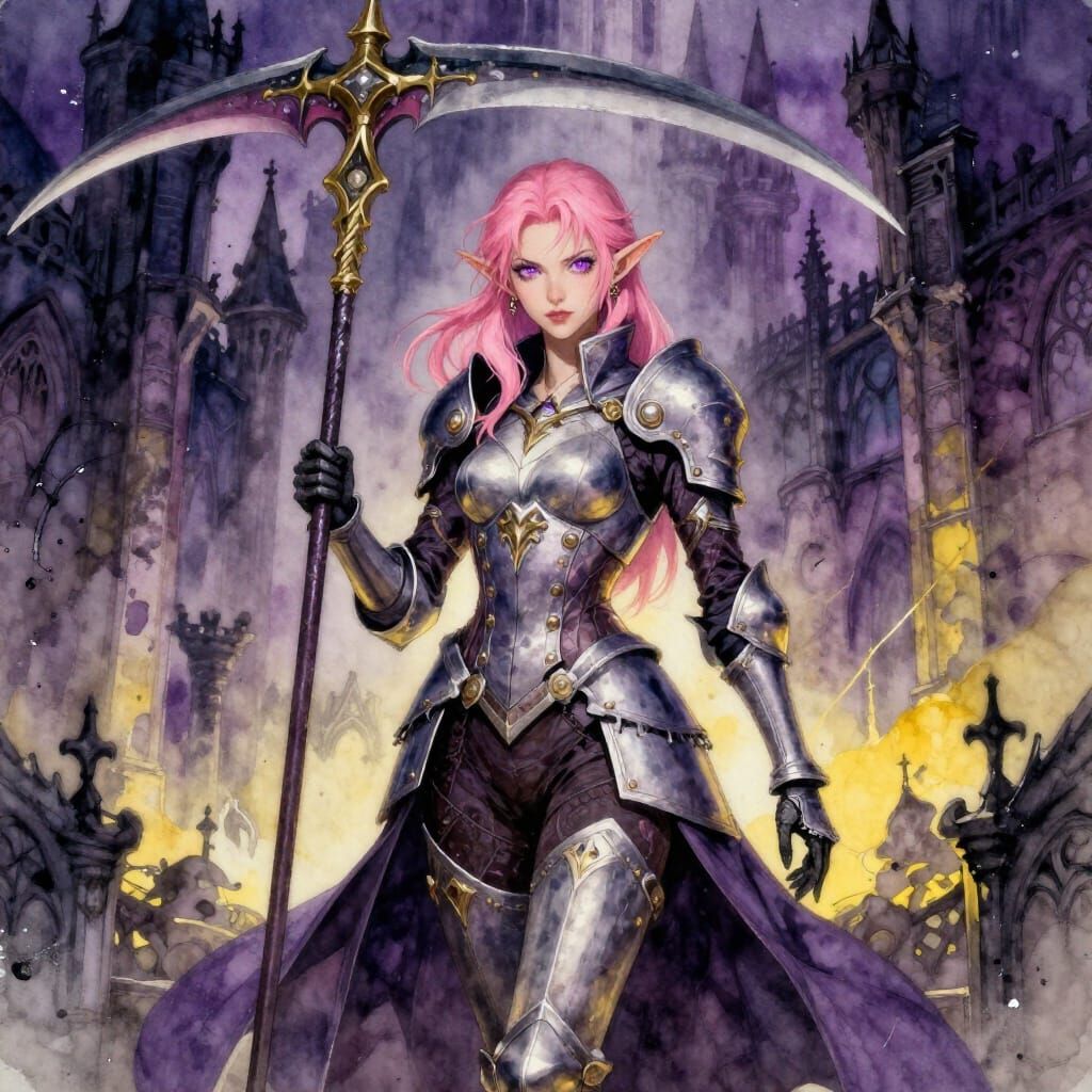 Pink Haired Elf Warrior in Gothic Castle