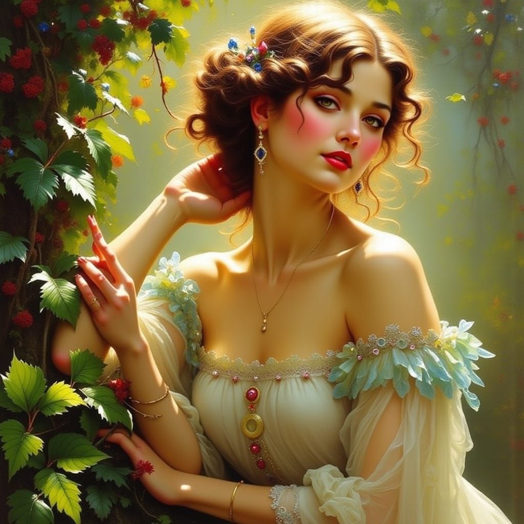 Ethereal Woman in Art Nouveau-Inspired Landscape