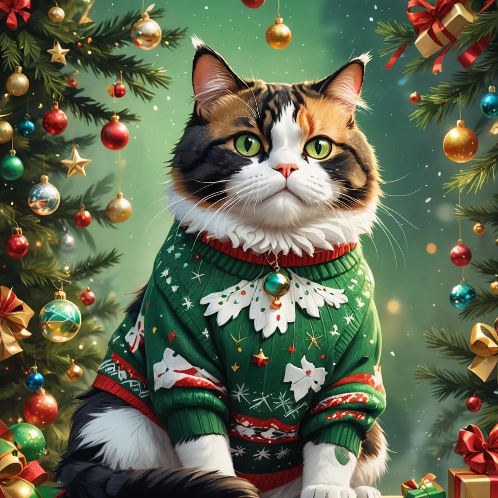 Calico Cat in Christmas Sweater, Digital Portrait