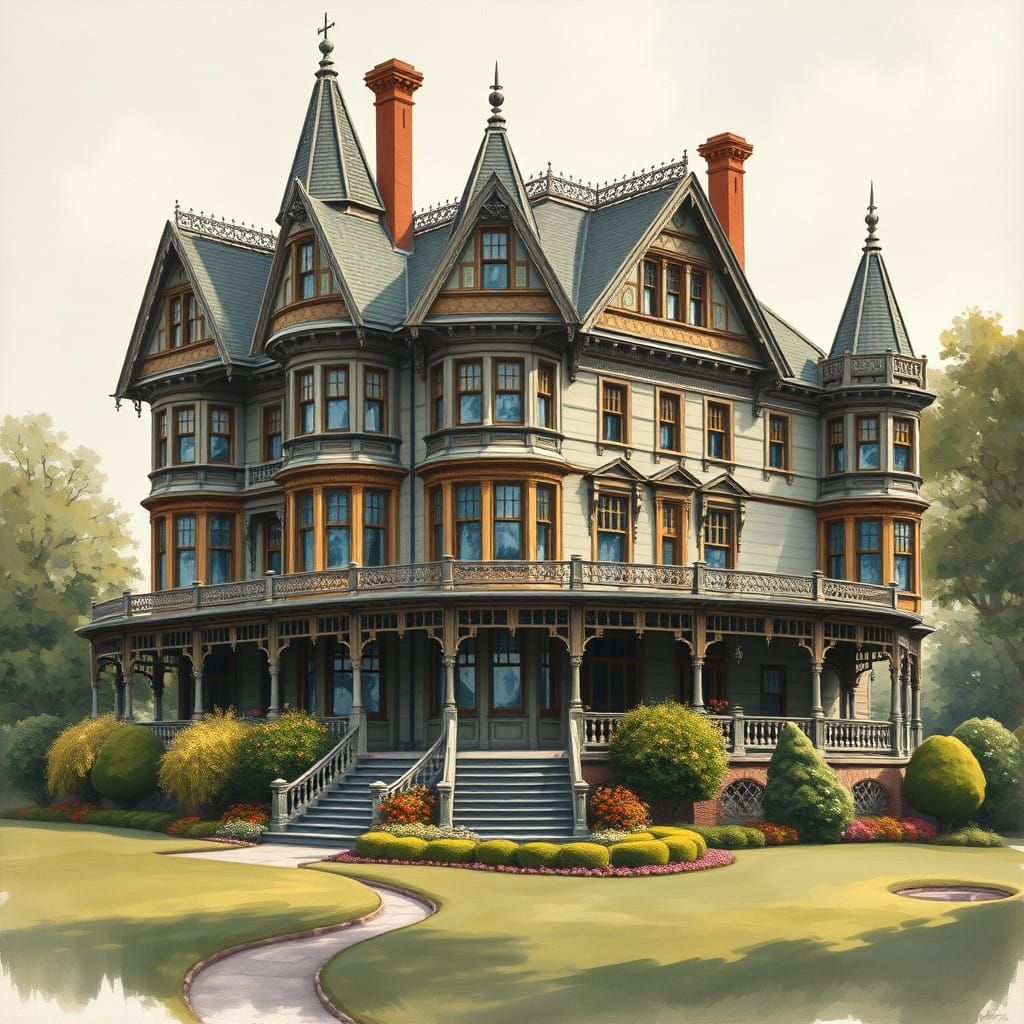 Elegant Victorian Estate in Gouache-Style