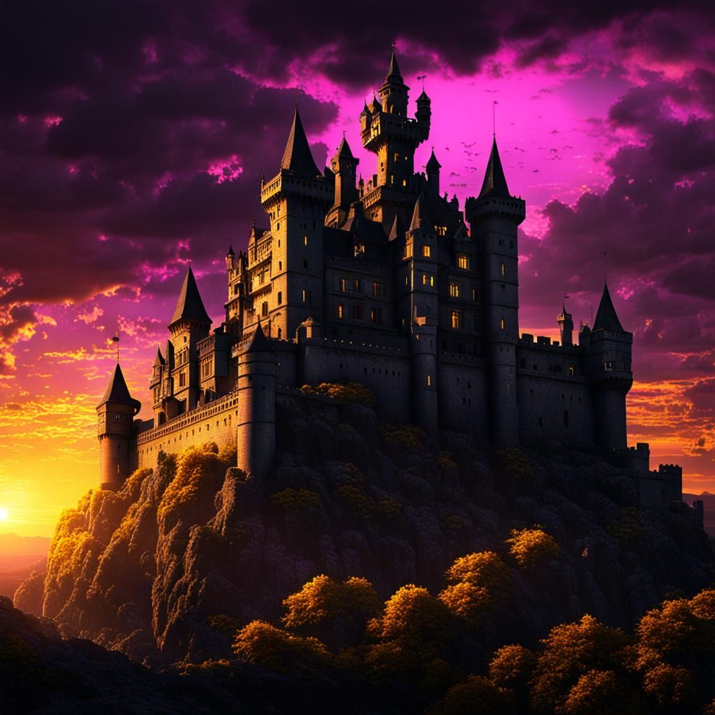 Creepy Castle Sunset in Chiaroscuro Style
