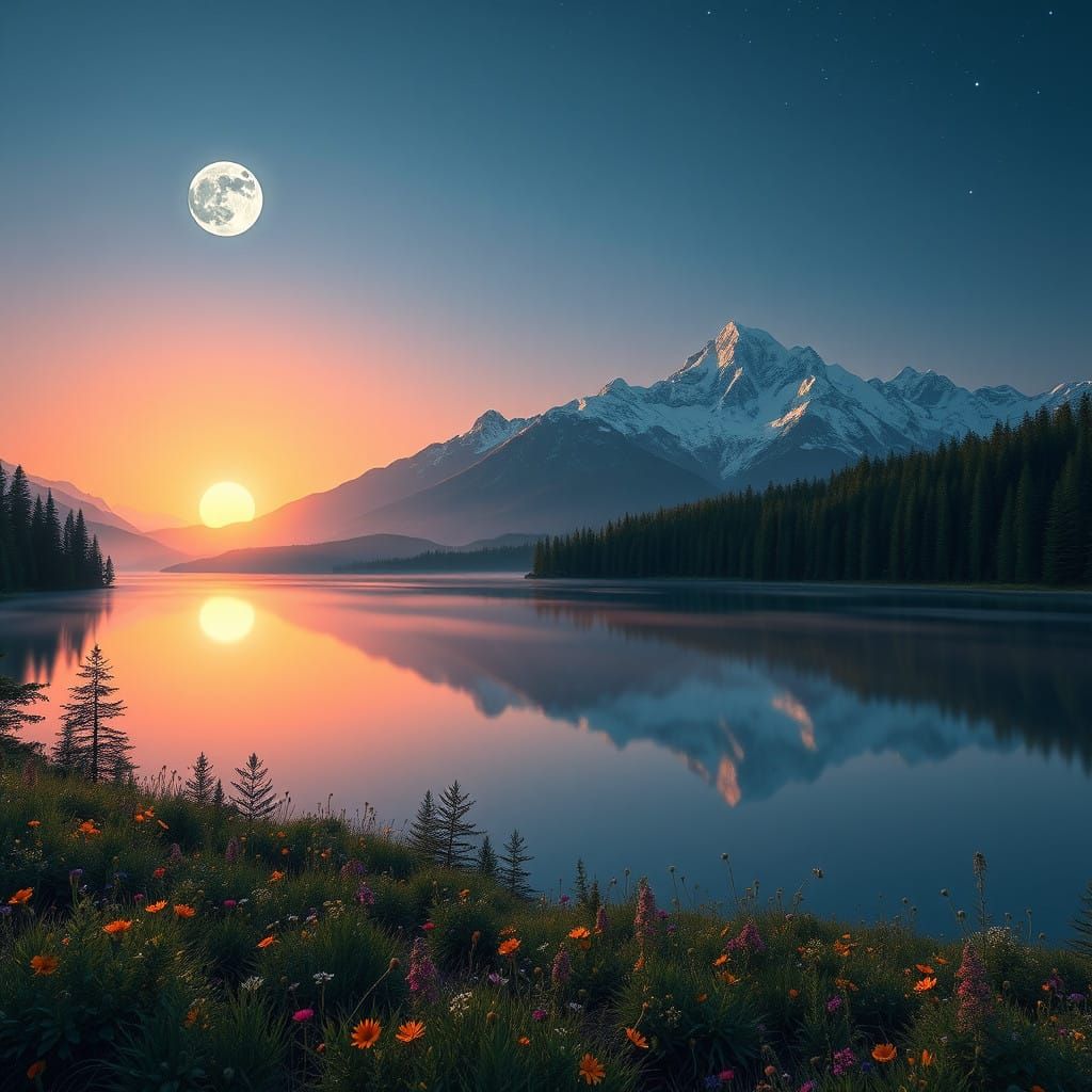 Serene Dusk Landscape with Majestic Mountains and Tranquil L...