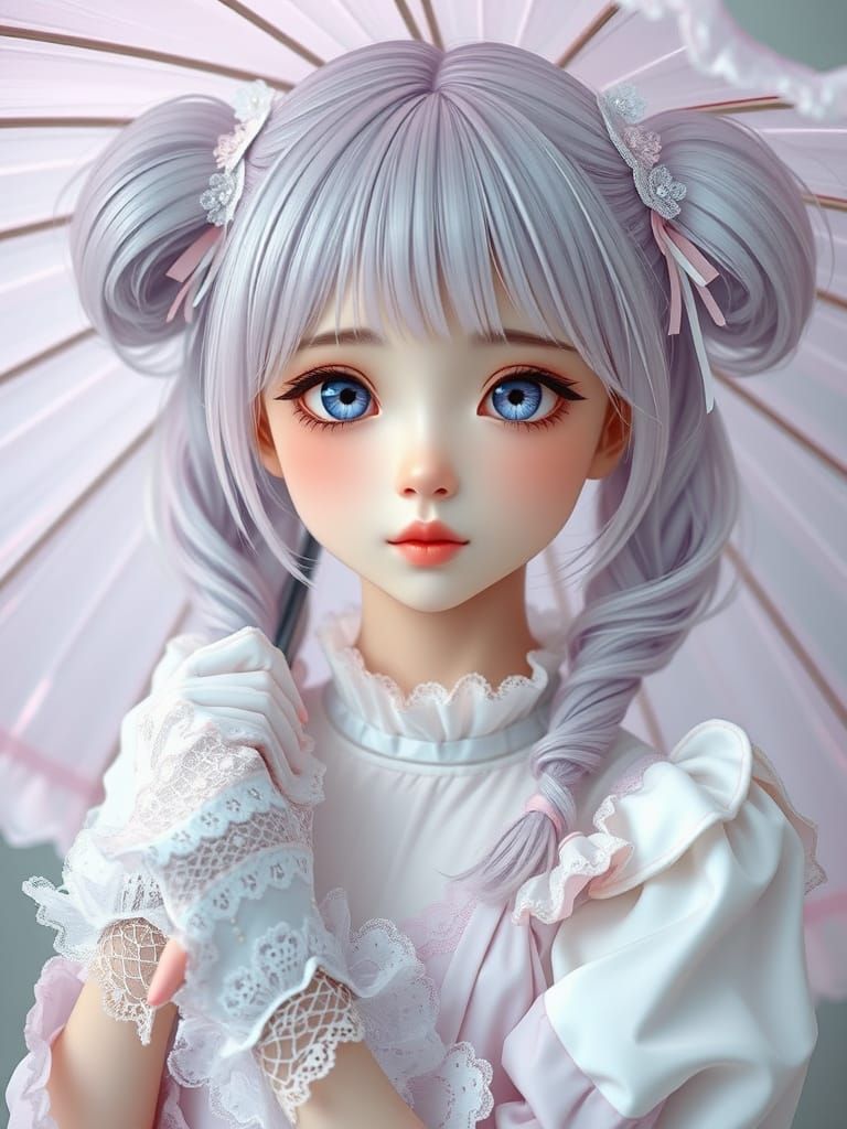 Sweet Woman with Parasol in Dreamy Lighting