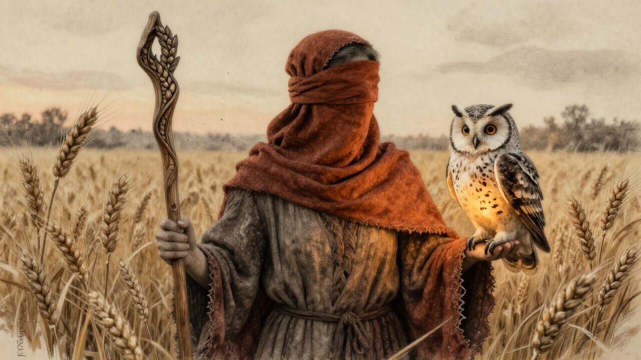 Autumn Seer with Lantern Owl in Wheat Field
