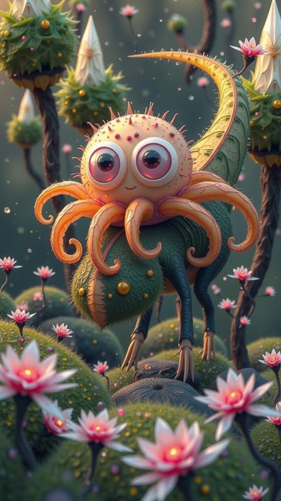 Whimsical Fae Creatures Ride Dinosaurs in Vibrant Landscape