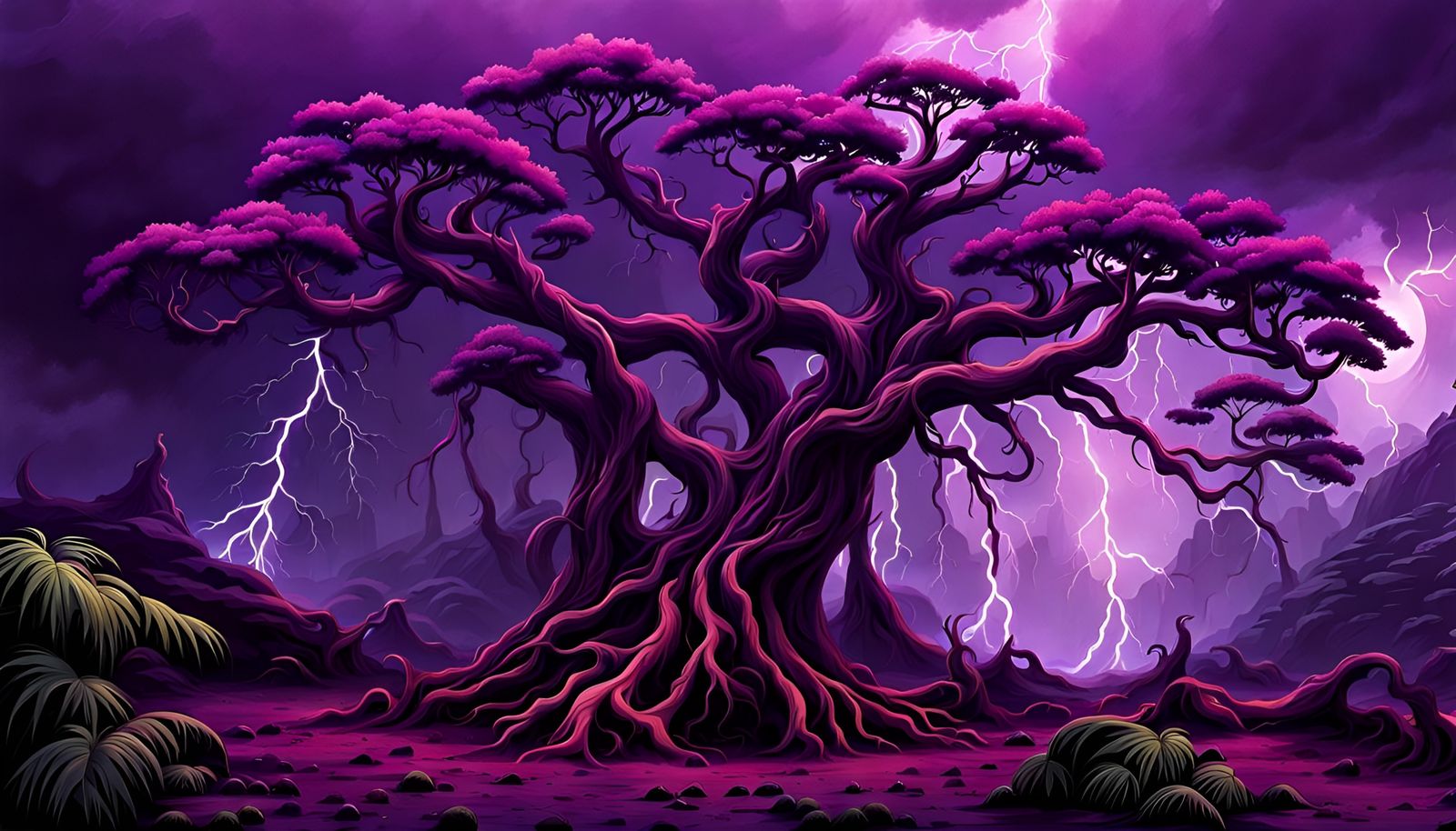 Dynamic Purple Rainforest Storm with Static Trees