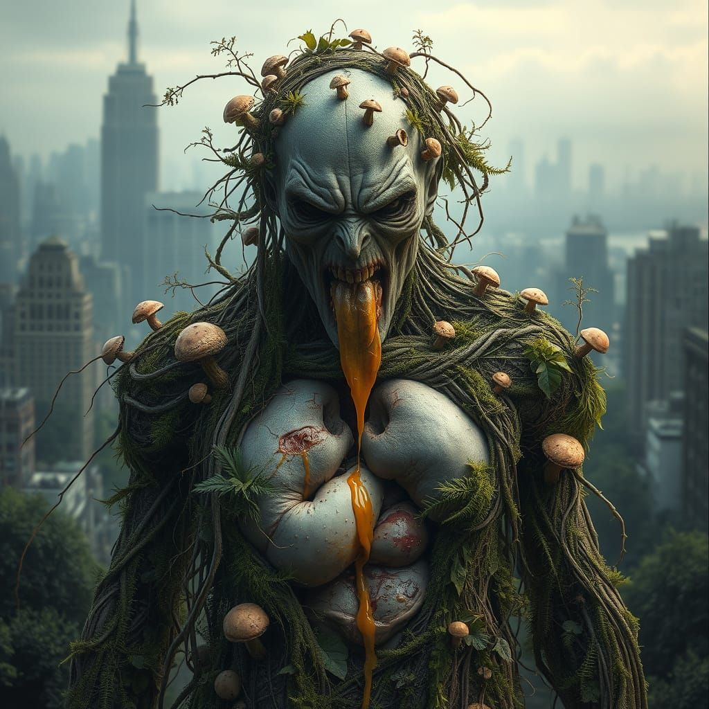 Grotesque Figure Consumed by Verdant Decay in Cyberpunk City...