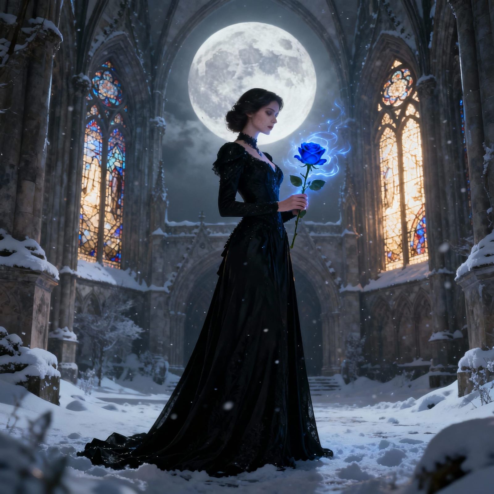 Enchanting Woman in Gothic Cathedral with Blue Rose