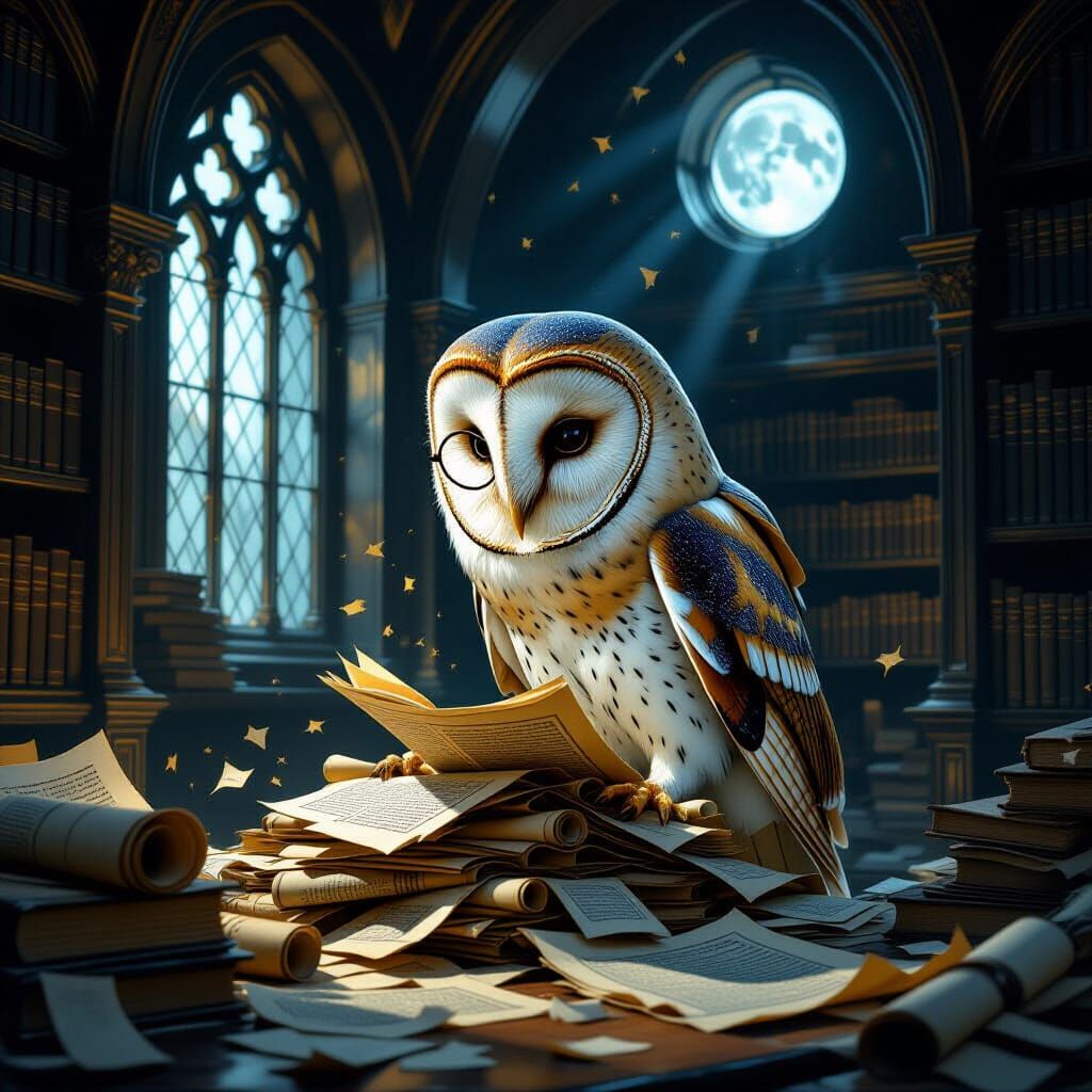 Majestic Owl Sorts Ancient Scrolls in Gothic Library