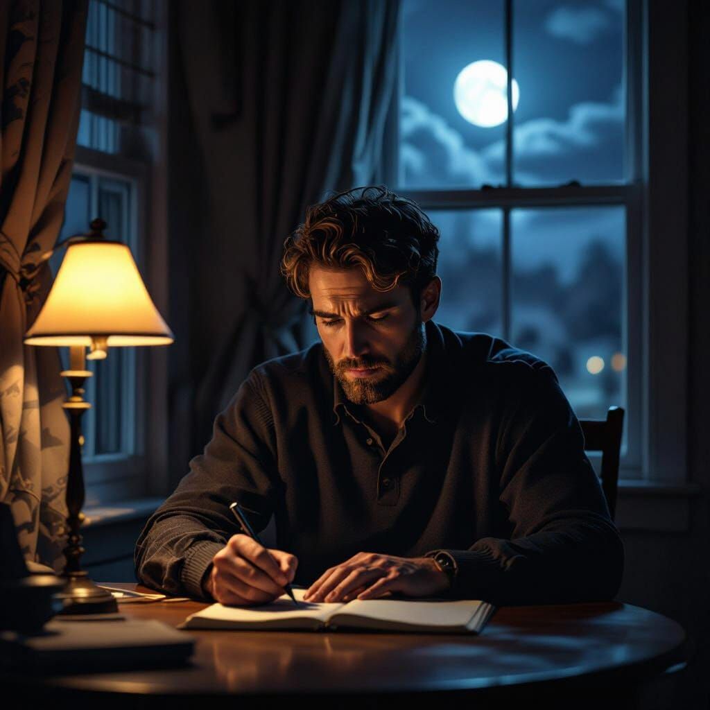 Man Writing Sad Poem by Moonlight in Dramatic Light