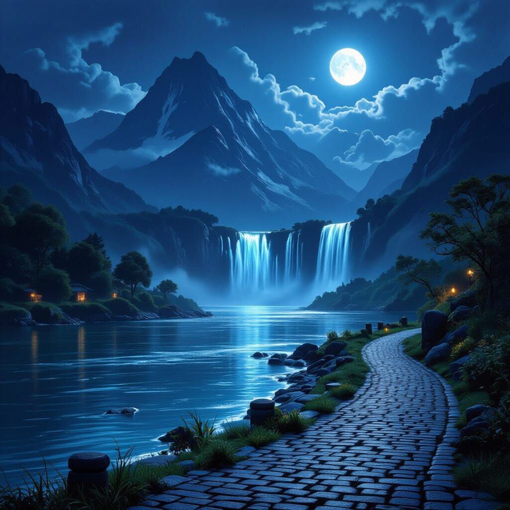 Moonlit River and Bioluminescent Waterfall