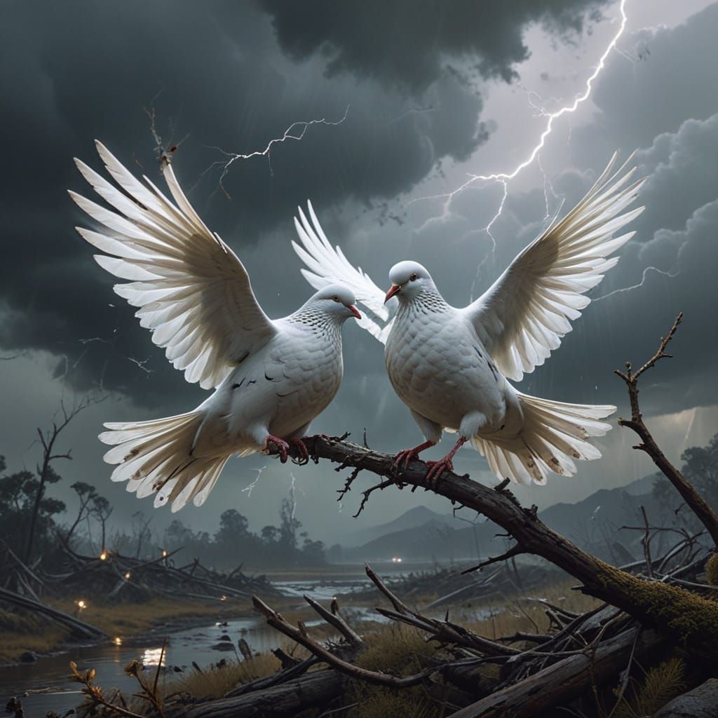 Peaceful Doves Soar Above a Stormy Battlefield