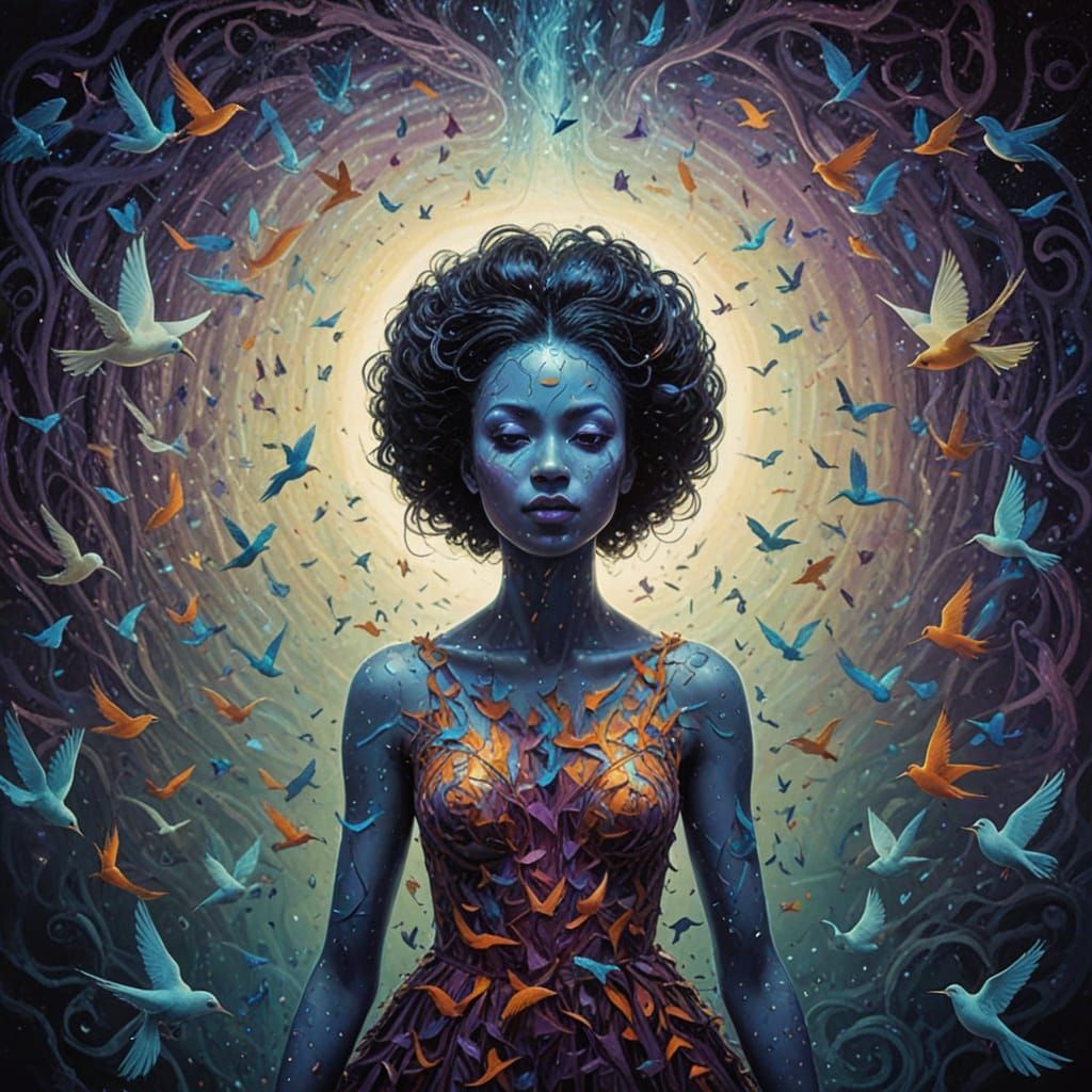 Woman Transforms into Birds Amid Cosmic Energy