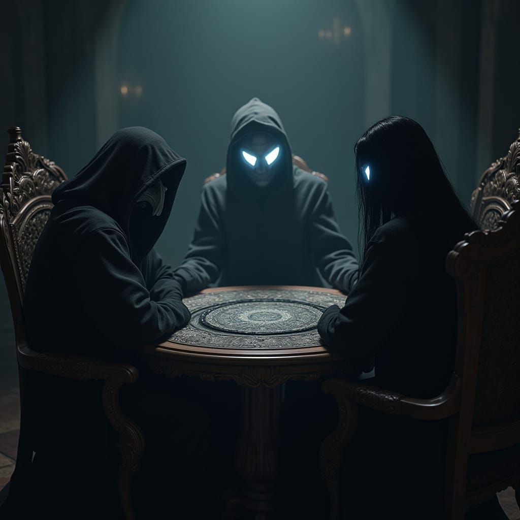 Mysterious Figures Engage in Arcane Ritual in Dimly Lit Cham...
