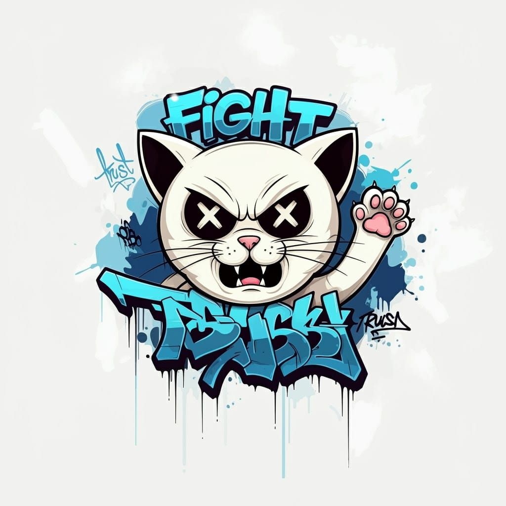 Graffiti Angry Cat Character with Blue Text