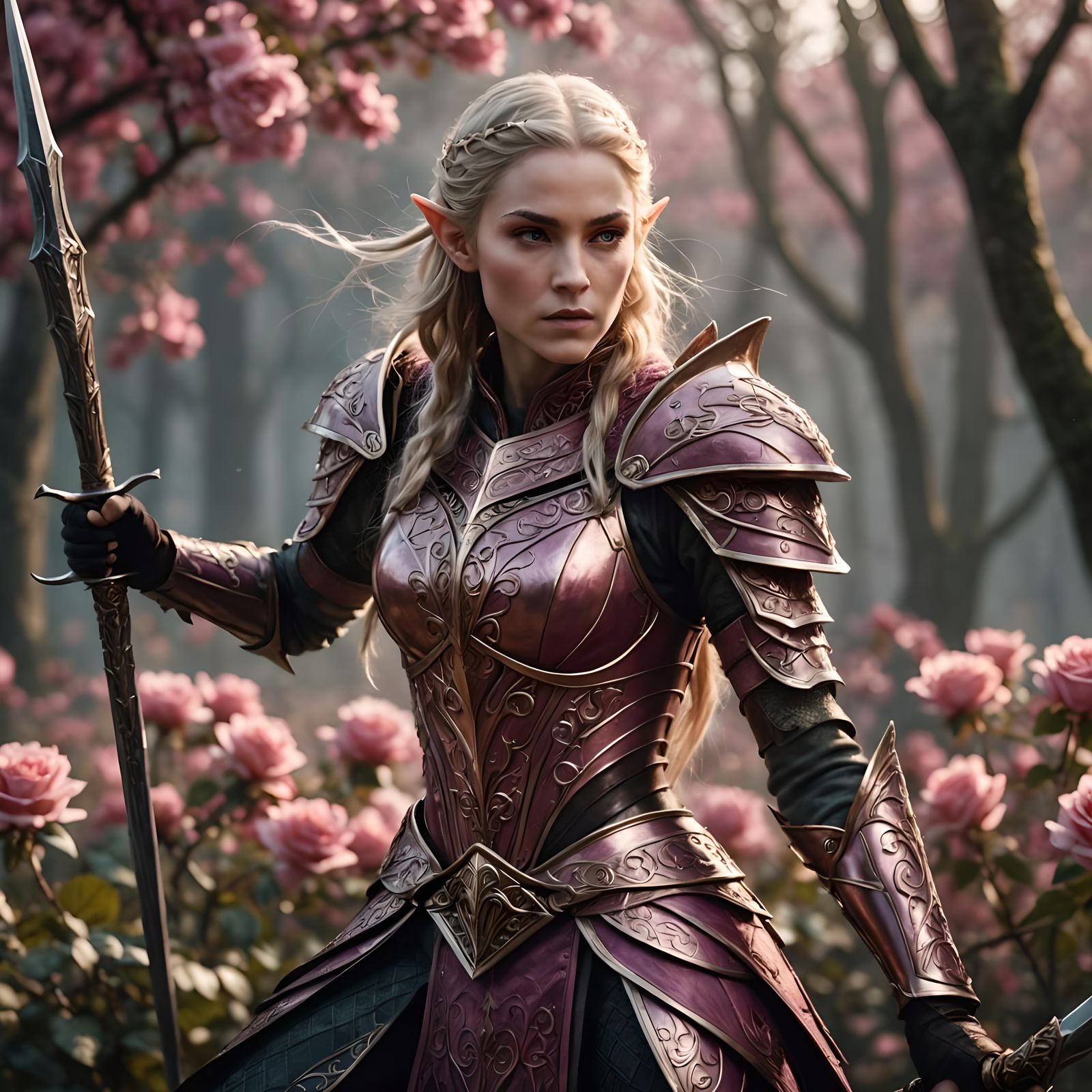 Fierce Elven Warrior in Rose Armor Masterpiece