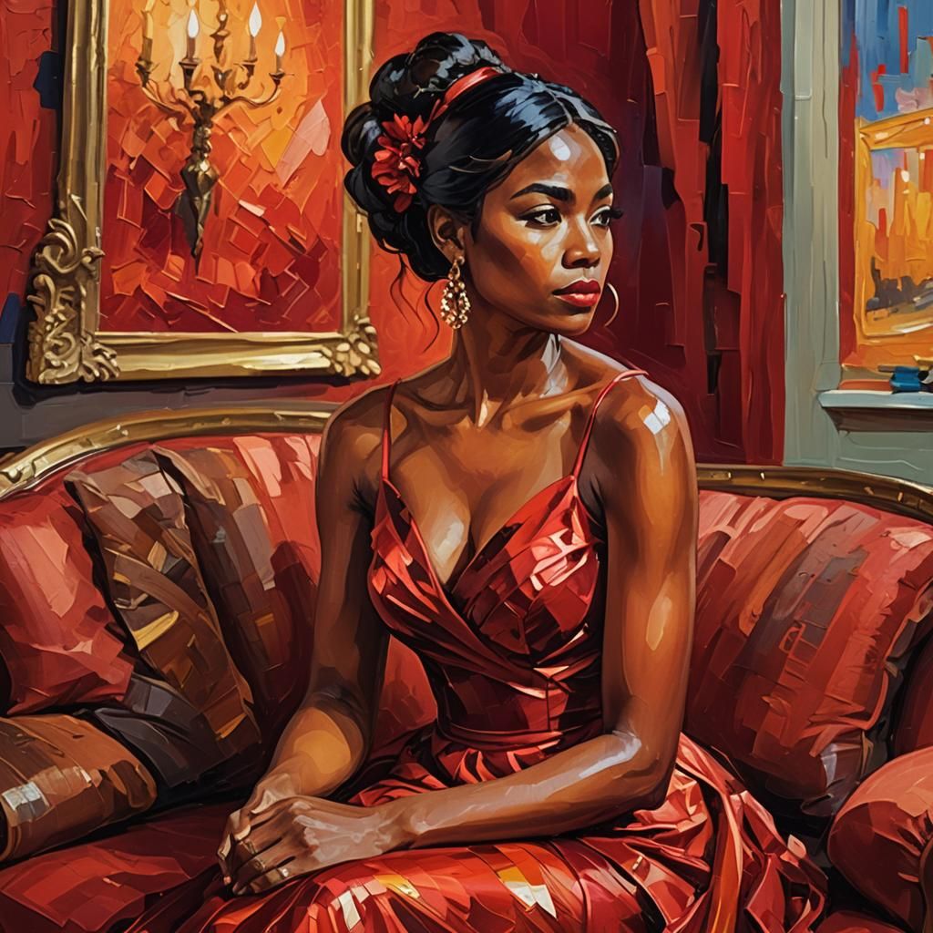 Expressive Oil Painting of Woman in Red Dress
