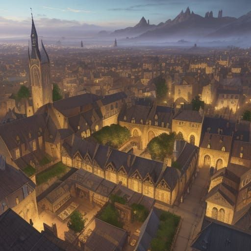 Medieval Townscape at Night in Golden Light