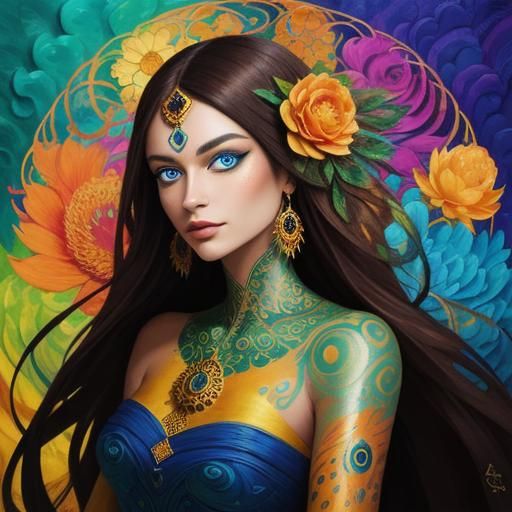 Dragon Peacock Woman Portrait in Abstract Expressionism