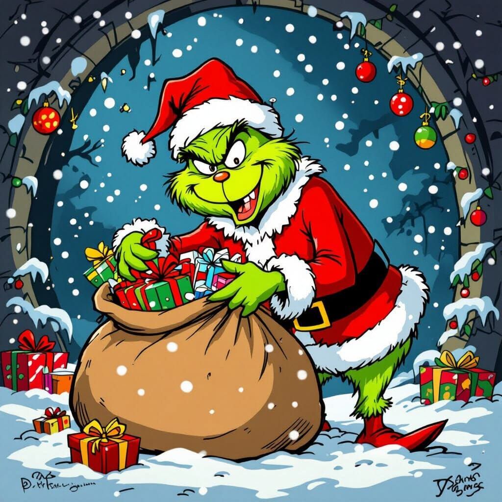Grinch Steals Christmas Presents in Storybook Style