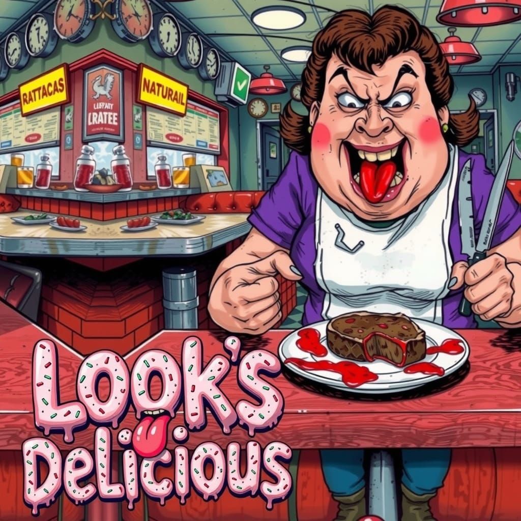 A cartoon image in the style of R. Crumb. A slightly overweight woman sits at a table in a busy restaurant wearing a red...