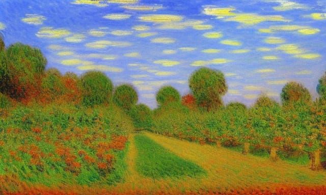 Apple Orchard: Impressionist Pointillism Under Summer Sky