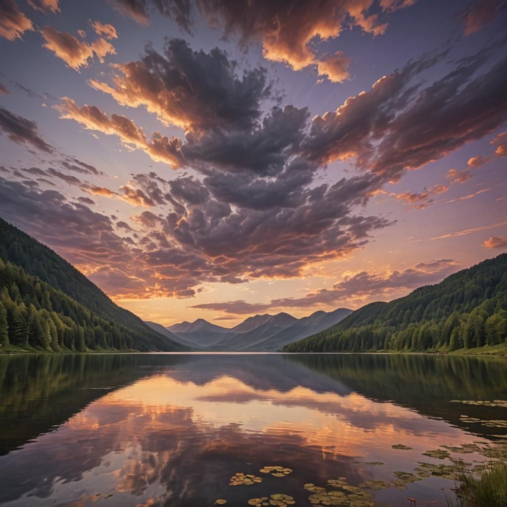 Calm Lake Sunset with Golden Light Reflections