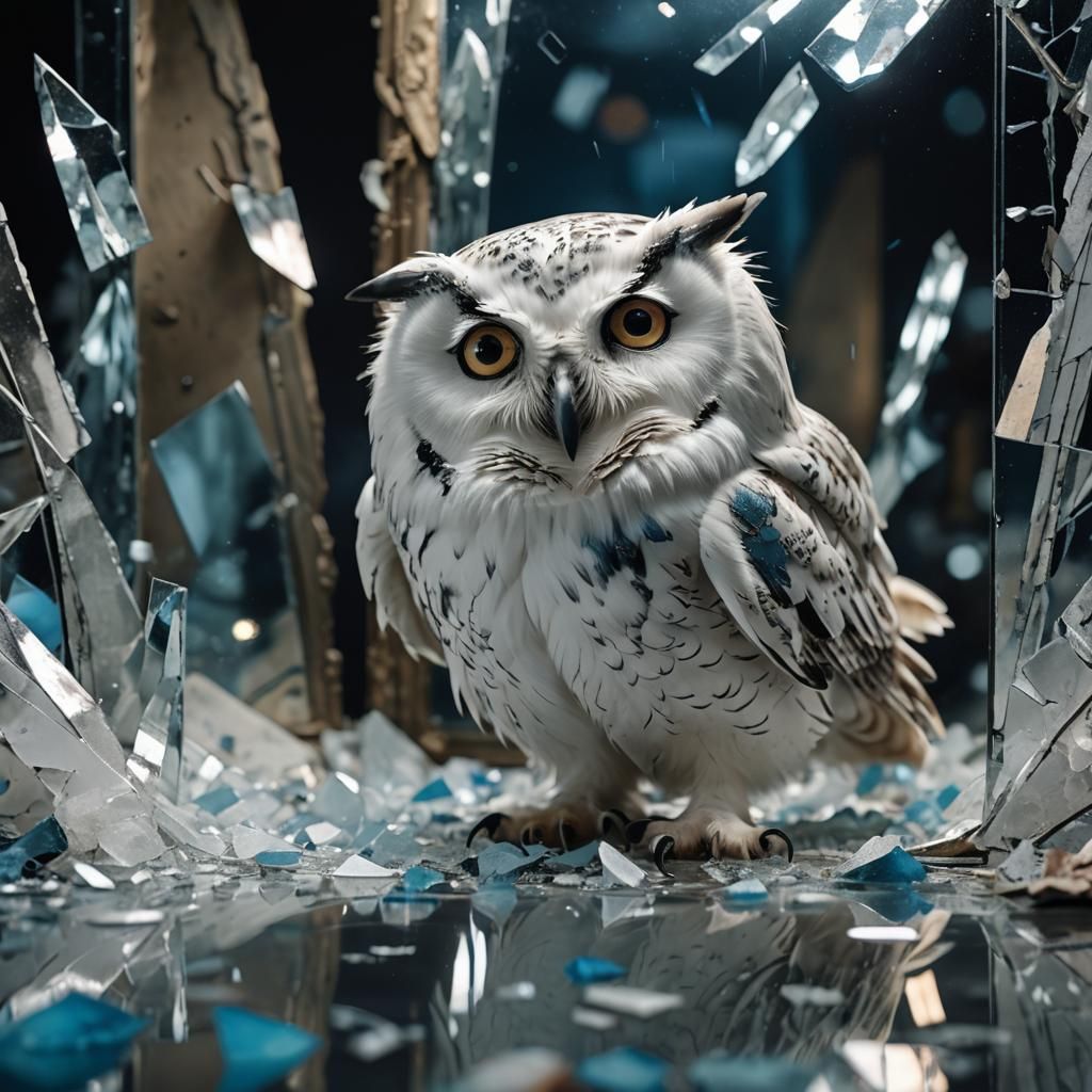 Surreal Owl Perched on Broken Mirror