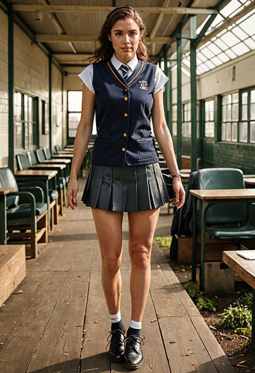 Woman Wearing Outgrown School Uniform in a Nostalgic Art Sty...