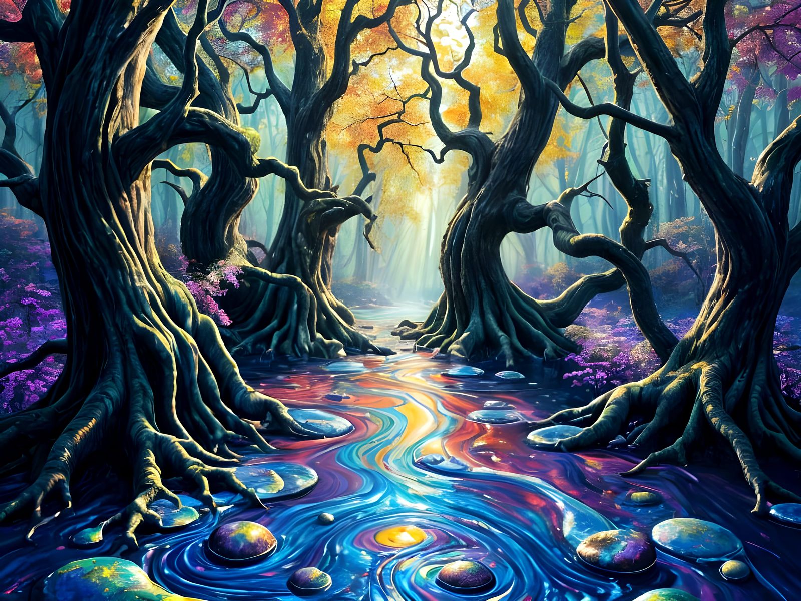 Vibrant Forest Melts into Rainbow Hues