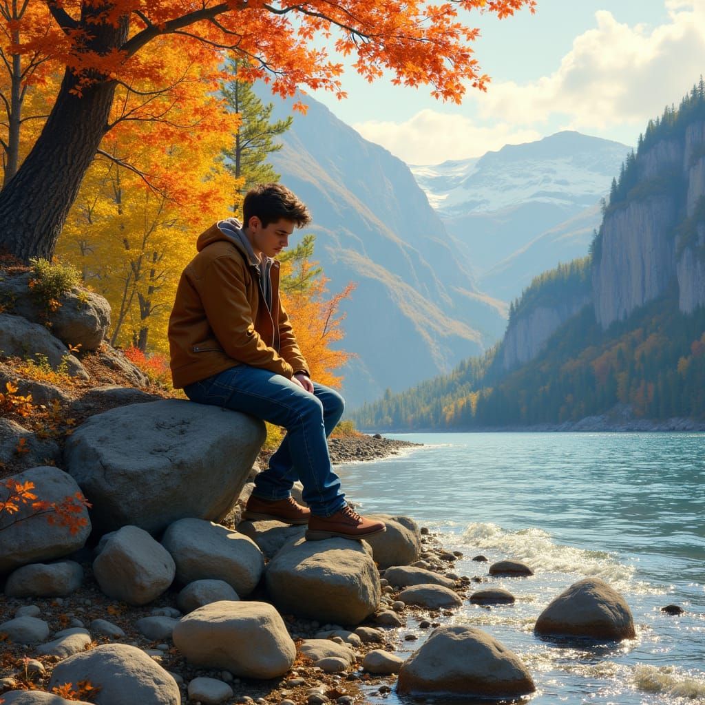Young Man Contemplates Autumn Lake Scene in Earthy Tones