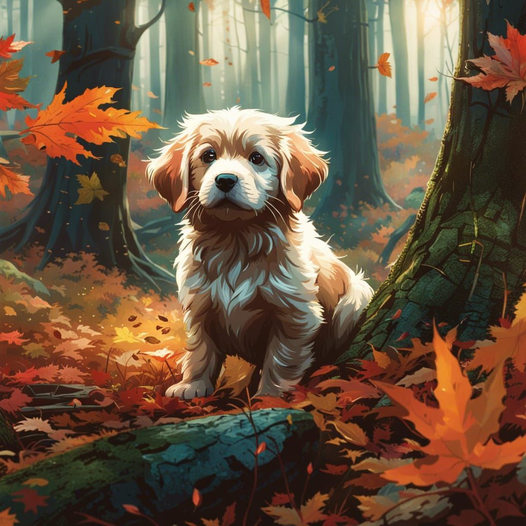 Puppy in Autumn Forest: Detailed Digital Art