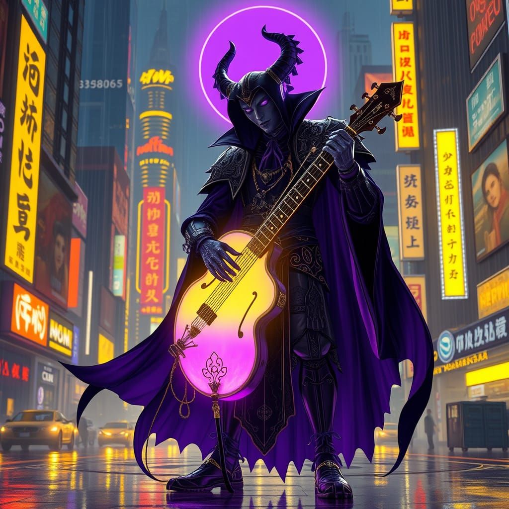 Cyberpunk Vampire Plays Shamisen Amidst Neon Cityscape