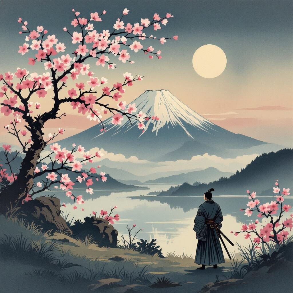 Dreamlike Japanese Landscape with Samurai and Mount Fuji