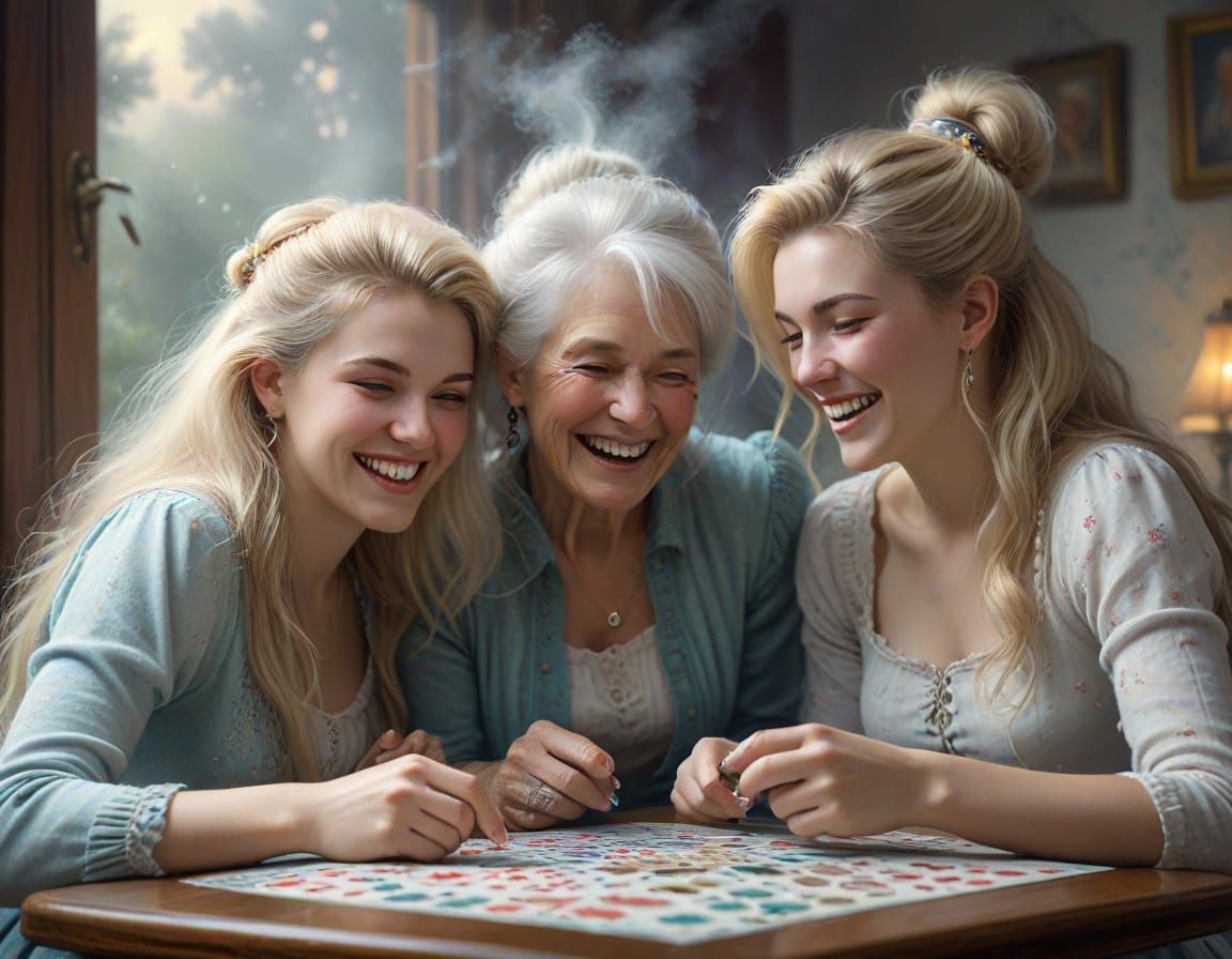 Grandmother and Granddaughter Play Cards in Ethereal Light
