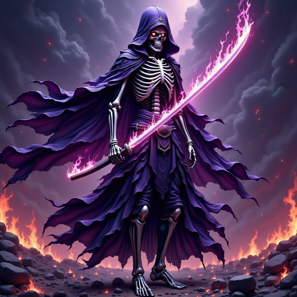 Skeleton Samurai with Burning Katana in Hell