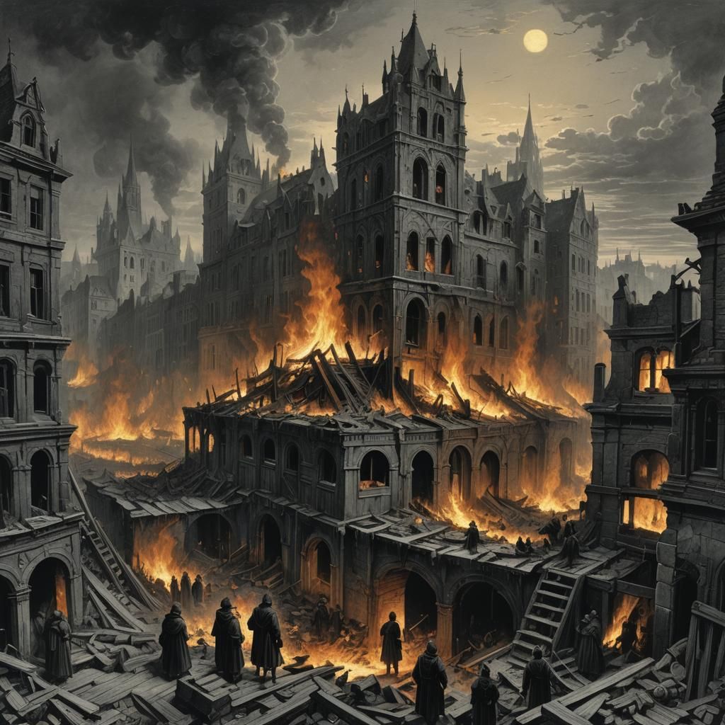 Burning City Ruins in Dark Romanticism Style