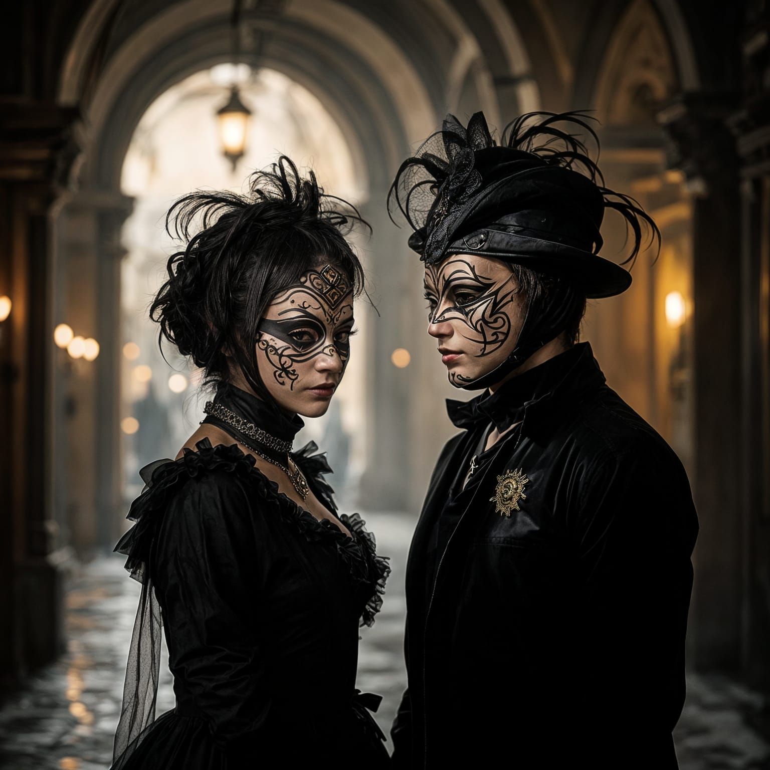 Two Mysterious Characters in Darkness with Masks
