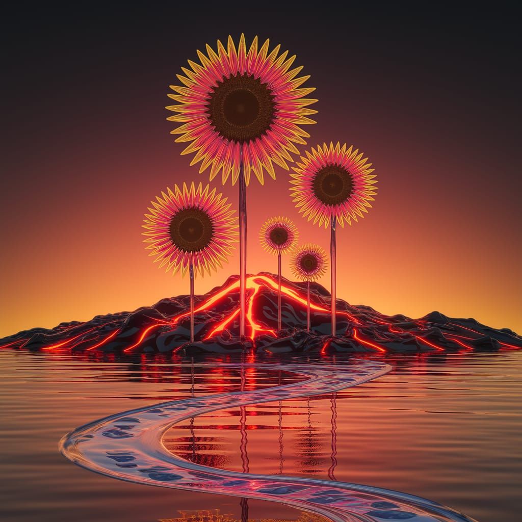 Liquid Lava Mountain With Dripping Fluid Sunflowers