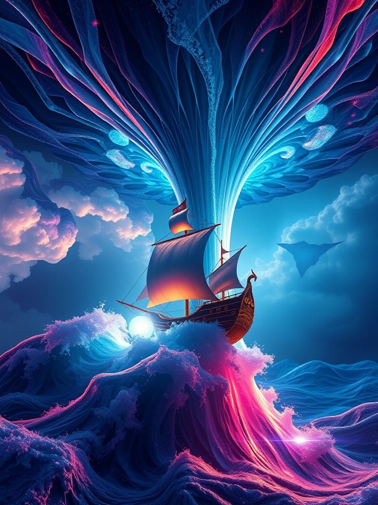 Giant Waterspout with Fractal Geometric Quilt, Neon Lit