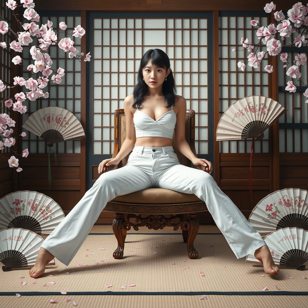 Japanese Woman in Ornate Chair Amidst Cherry Blossoms