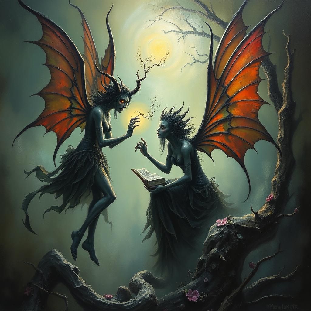 Ominous Oil Painting of Evil Fairies