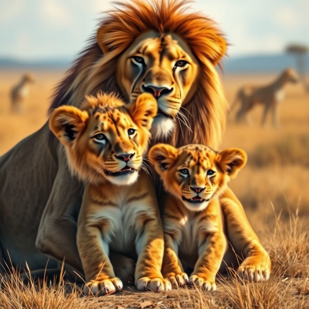 Joyful Lion Cub Family on Sunny Savannah