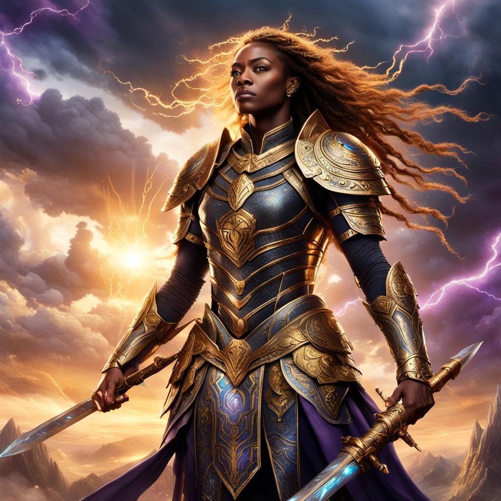 Epic Black Woman Warrior in Holographic Armor
