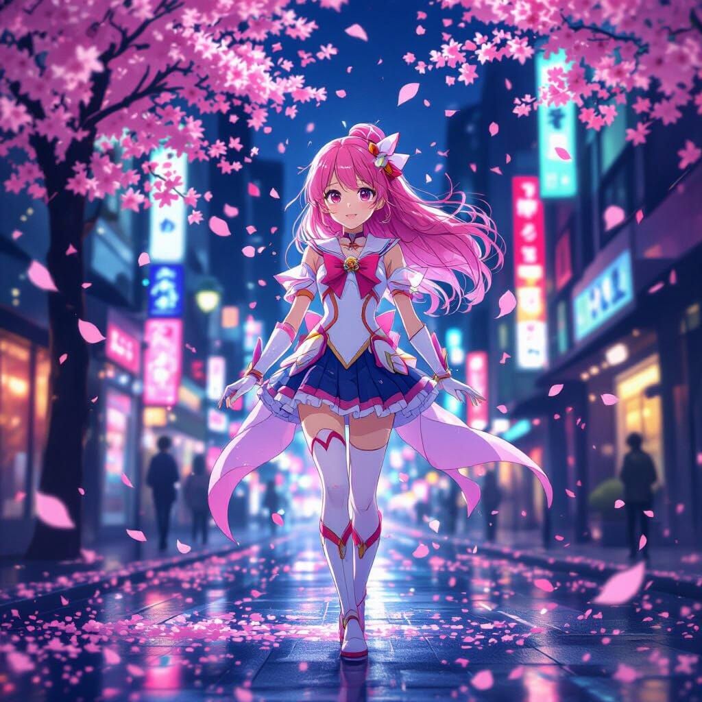 Anime Girl in Neon City with Falling Blossoms