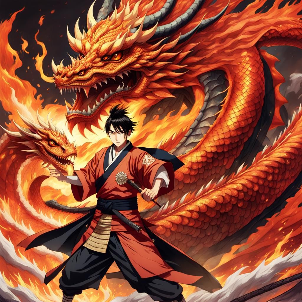 Fiery Dragon Confrontation in Anime Style