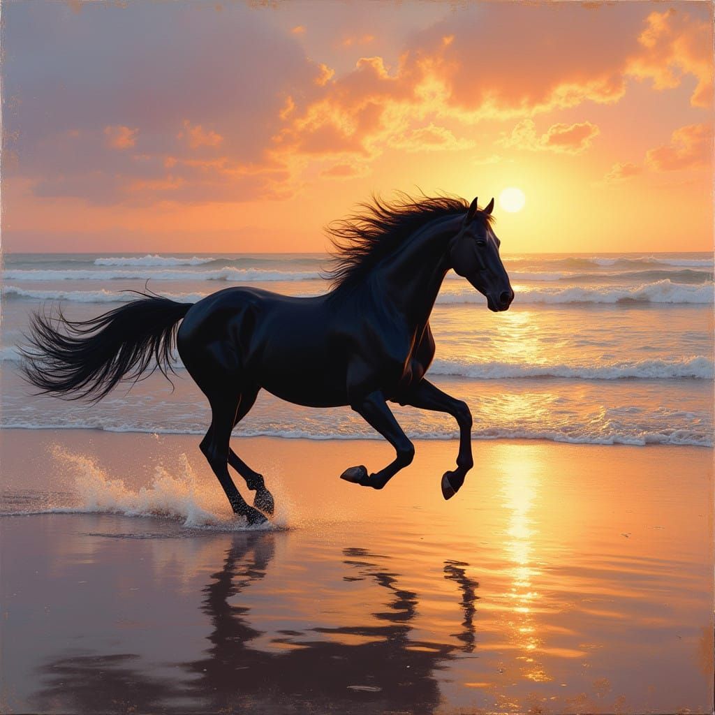 Majestic Black Horse Galloping at Sunset Beach