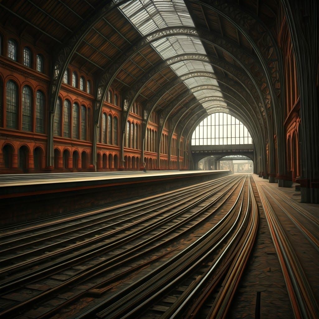 Cubist Railway Station Fantasy in Vibrant Colors